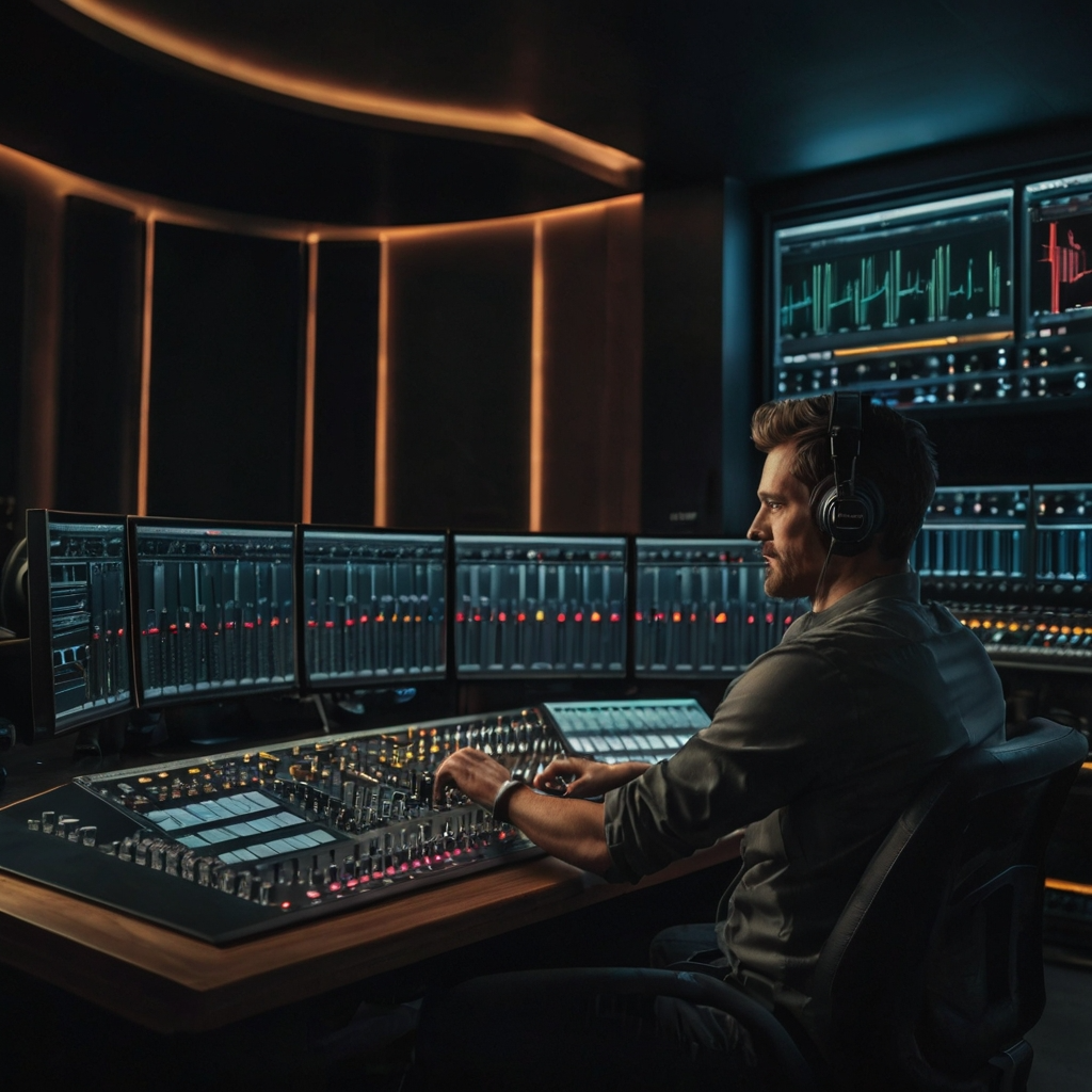 dolby atmos mixing An audio engineer mixes a track in a studio equipped with Dolby Atmos technology. The workspace features a high-tech mixing console, multiple speakers arranged around the room, and large computer monitors displaying sound editing software. The engineer is focused on adjusting controls and listening intently through high-quality headphones.