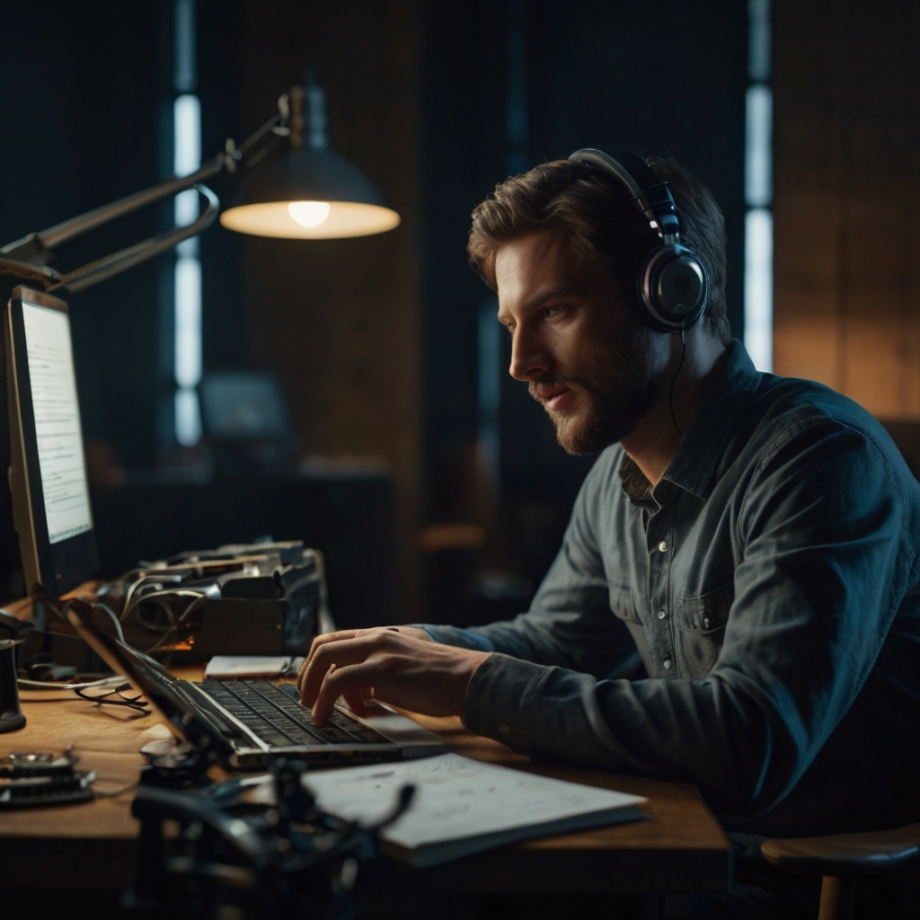 adr A person in a recording studio performing ADR (Automated Dialogue Replacement), speaking into a microphone while watching a video playback on a screen.