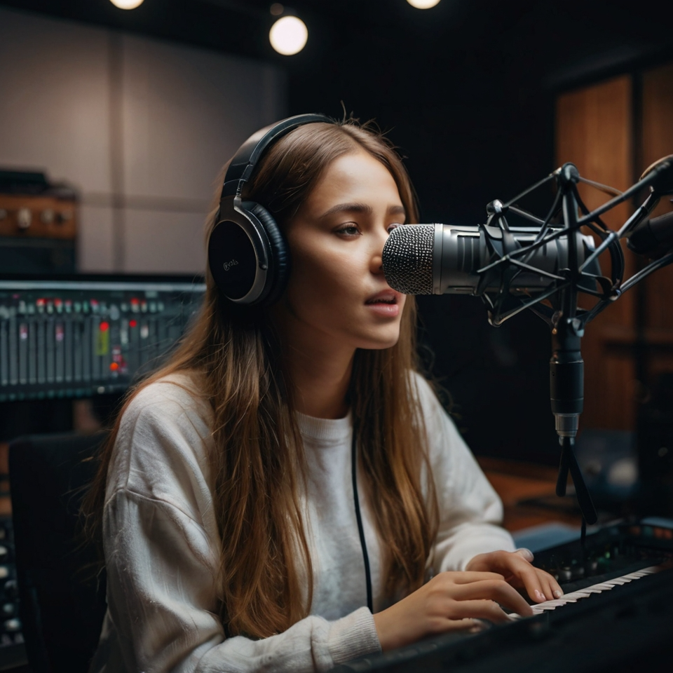recording A young woman wearing headphones, standing in a recording studio, singing into a microphone with soundproof panels in the background.