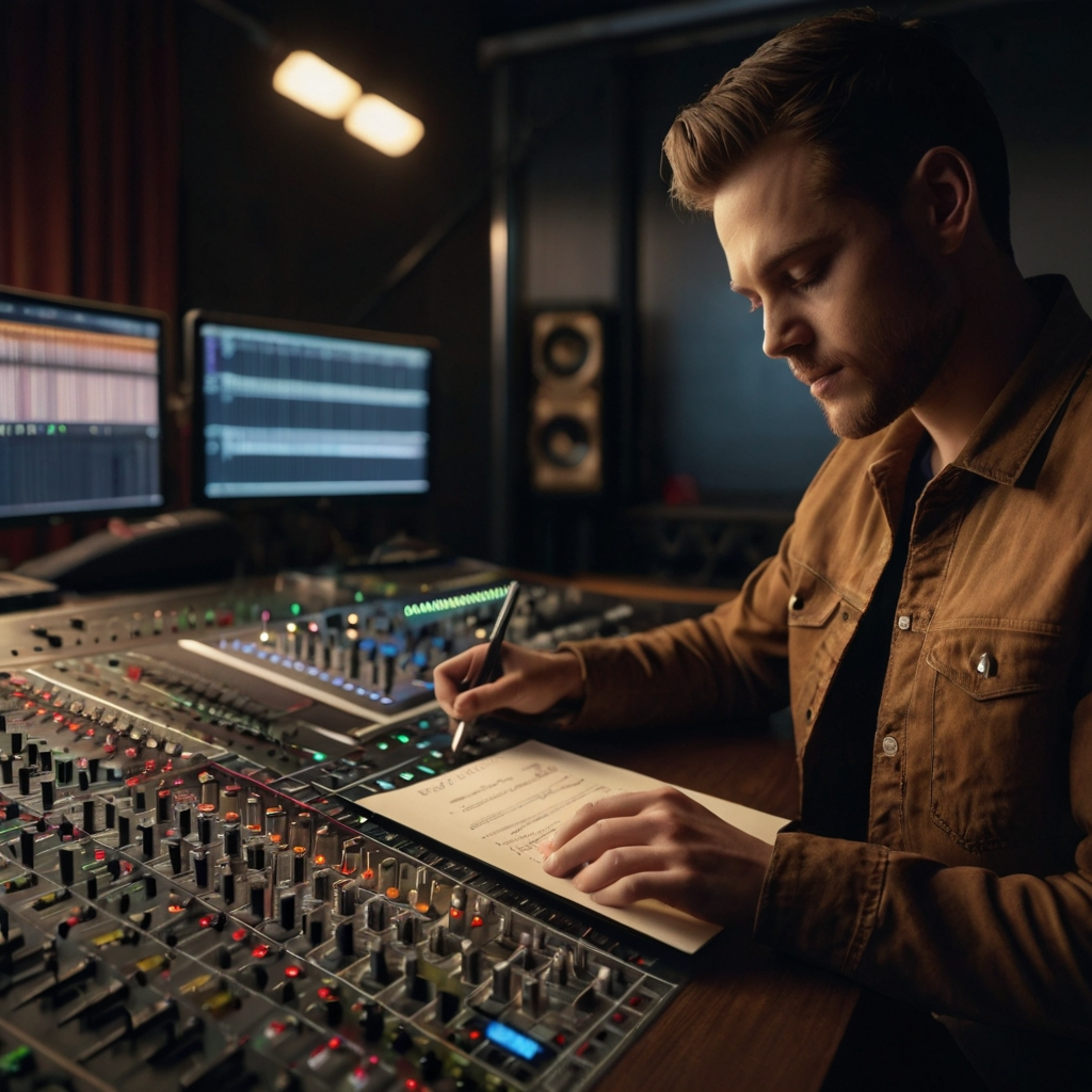 music licensing "A music producer is signing a music license contract in a studio. The producer is seated at a desk with paperwork and a pen, surrounded by professional audio equipment and computer monitors. The contract is prominently displayed on the desk, and the producer is focused on completing the signing process, with headphones and recording gear visible in the background.