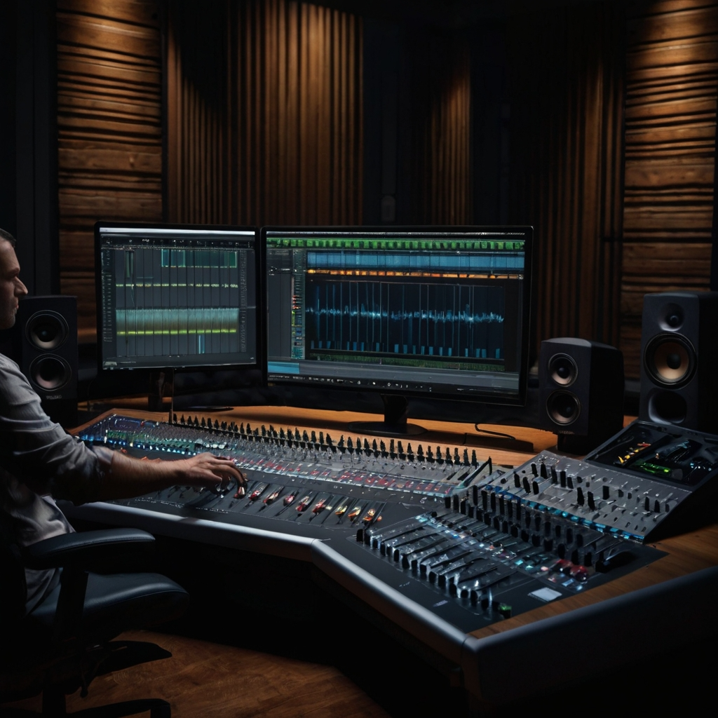 surround sound mixing An audio engineer is working on surround sound mixing in a studio. The room is equipped with an array of speakers positioned around the space, and the engineer is seated at a mixing console with a computer monitor displaying audio software. The engineer is adjusting knobs and faders on the console, wearing headphones to monitor the sound.
