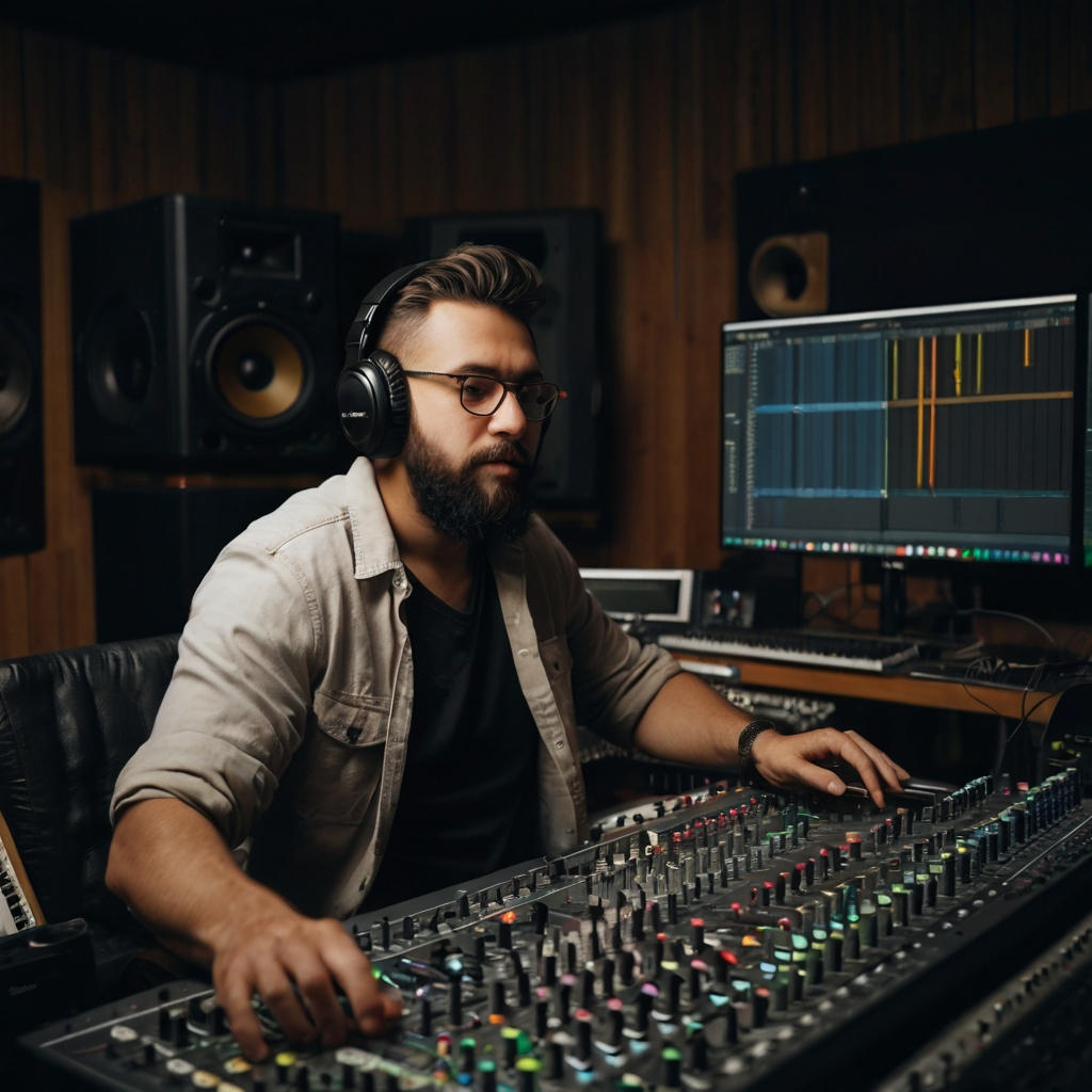 mixing and mastering An audio engineer is mixing and mastering a track in a studio. The engineer is seated at a large mixing console surrounded by various audio equipment, including computer monitors displaying digital audio workstations. The engineer is adjusting faders and knobs, with headphones on to fine-tune the sound for optimal quality.