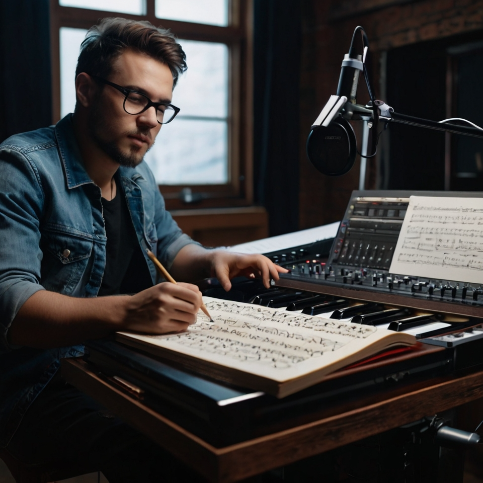 Songwriting A man sitting at a desk, focused on writing lyrics in a notebook while surrounded by musical instruments and recording equipment, creating a song.