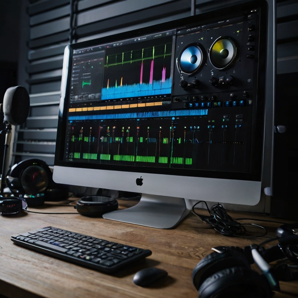 audio editing A person working on a desktop computer in a studio, using audio editing software with multiple tracks displayed on the screen and professional equipment nearby.