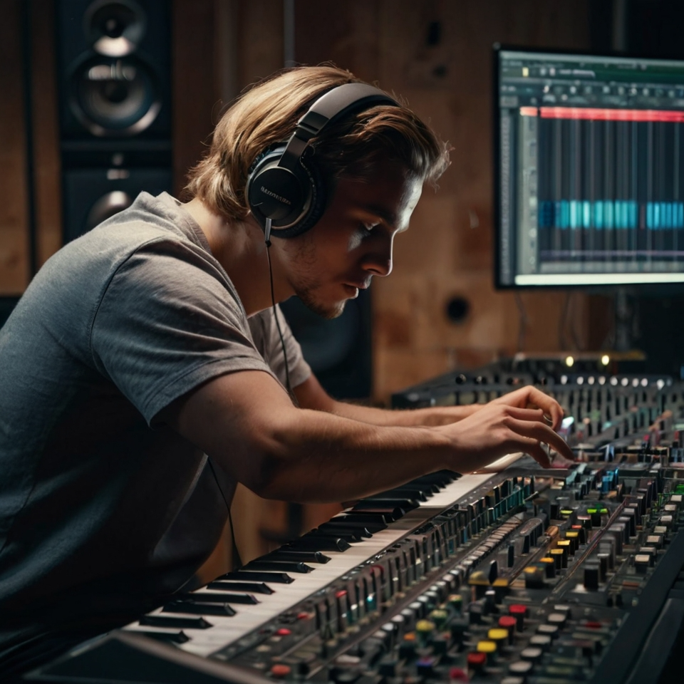 production A person in a studio working on music production, adjusting controls on a mixing console and using software on a computer with audio equipment surrounding them.